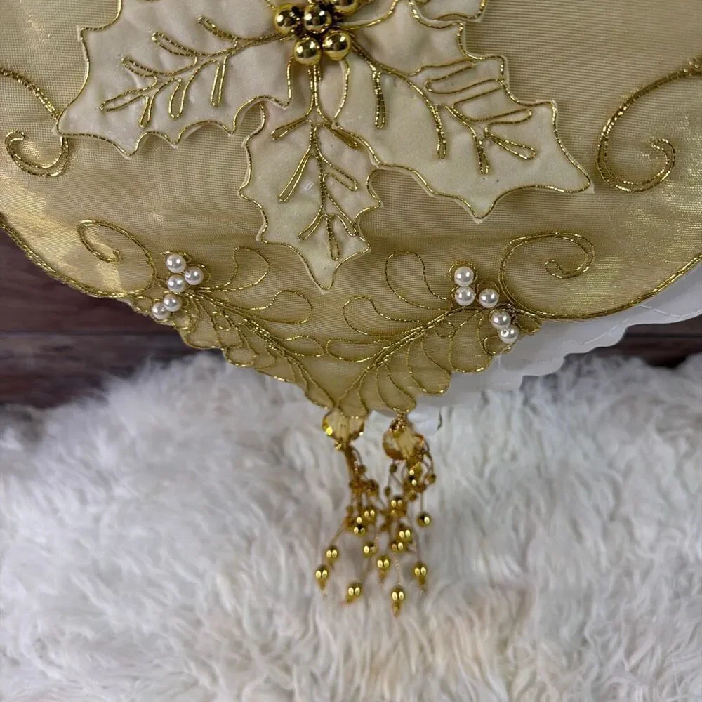 Vintage Holiday Table Runner Cream Gold 72” x 14” Holly Mistletoe Beaded Velvet